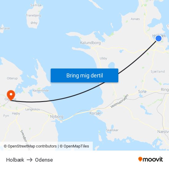 Holbæk to Odense map