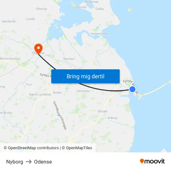Nyborg to Odense map