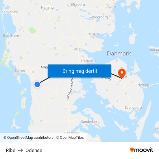 Ribe to Odense map