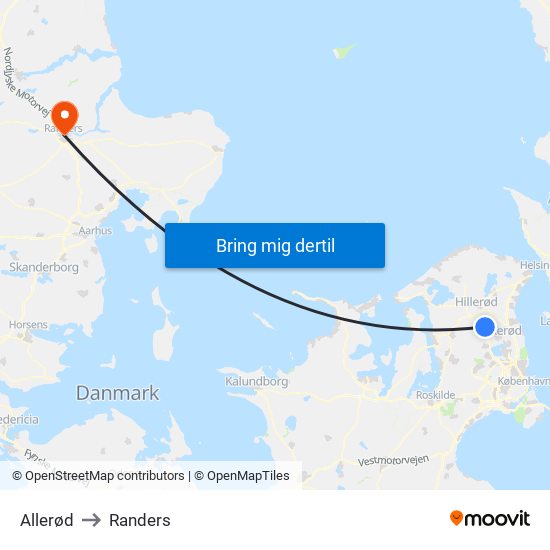 Allerød to Randers map