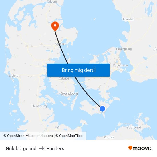 Guldborgsund to Randers map