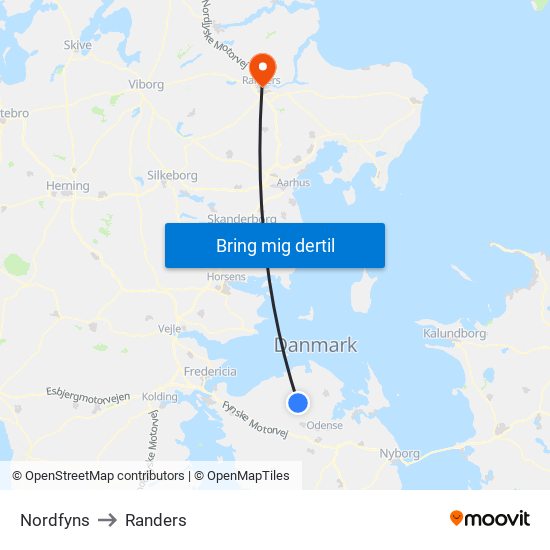 Nordfyns to Randers map