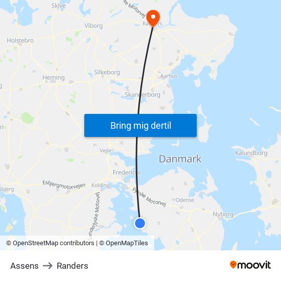 Assens to Randers map