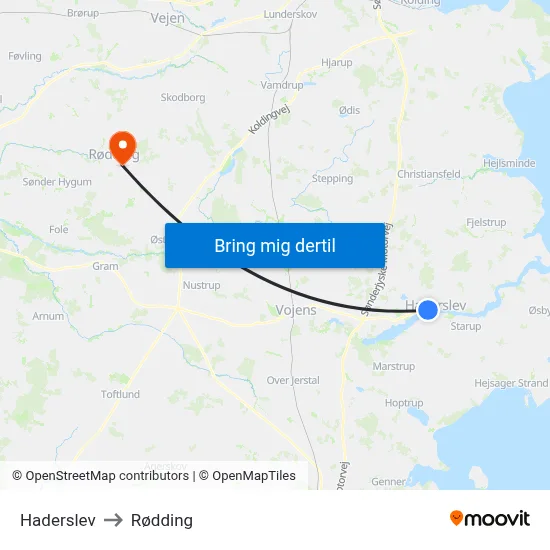 Haderslev to Rødding map