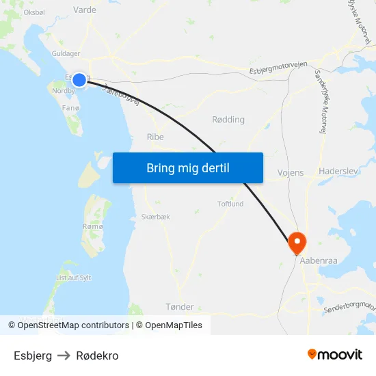 Esbjerg to Rødekro map