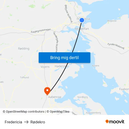 Fredericia to Rødekro map