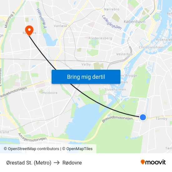 Ørestad St. (Metro) to Rødovre map