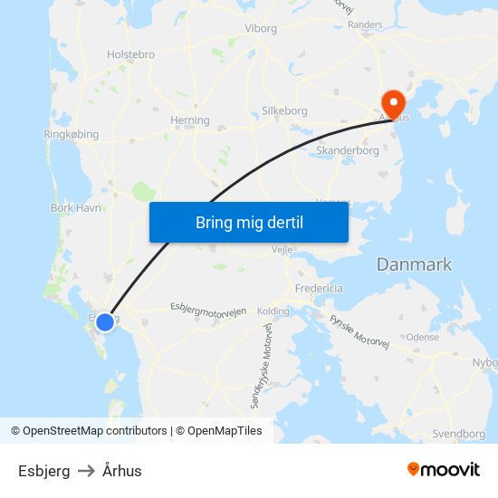 Esbjerg to Århus map
