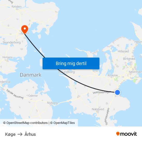 Køge to Århus map