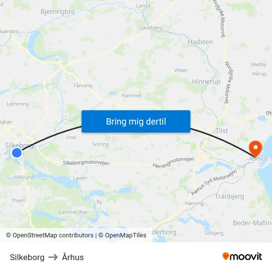 Silkeborg to Århus map