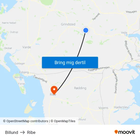 Billund to Ribe map