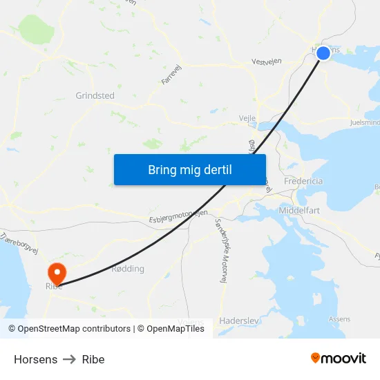 Horsens to Ribe map