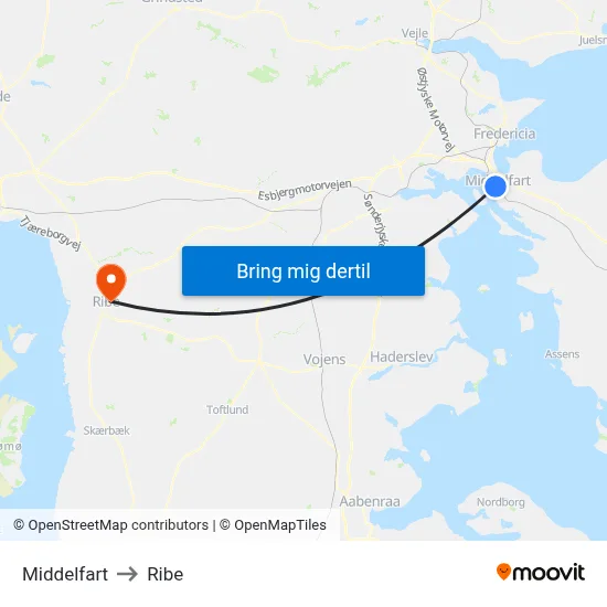 Middelfart to Ribe map