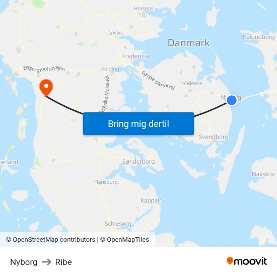 Nyborg to Ribe map