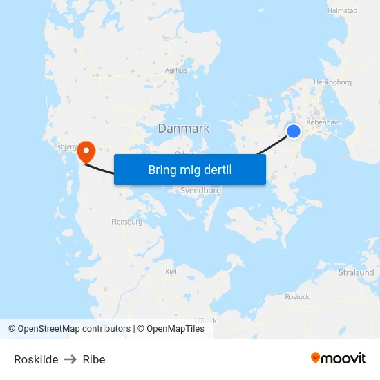 Roskilde to Ribe map