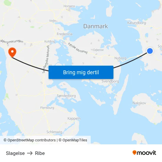Slagelse to Ribe map