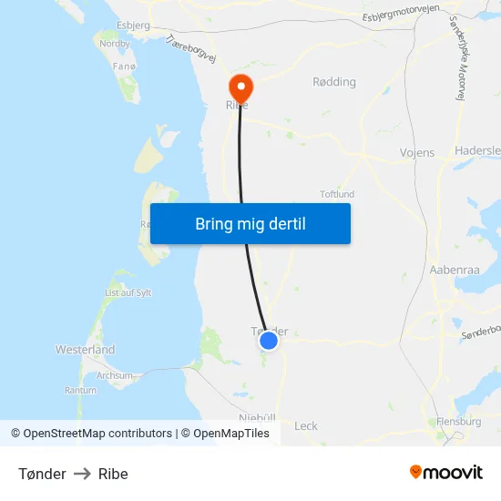 Tønder to Ribe map