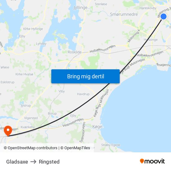 Gladsaxe to Ringsted map