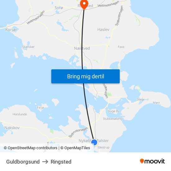 Guldborgsund to Ringsted map