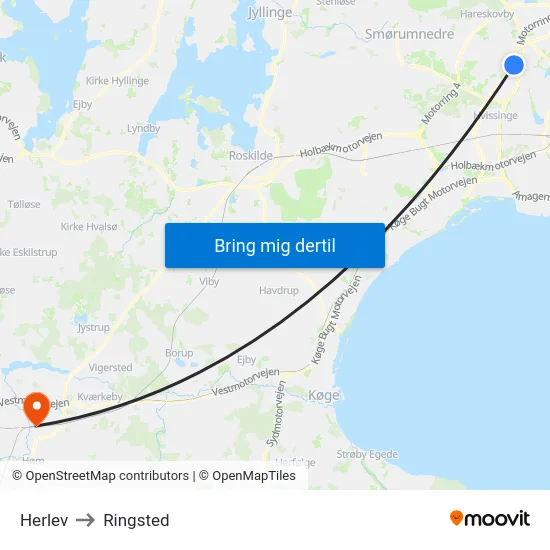 Herlev to Ringsted map