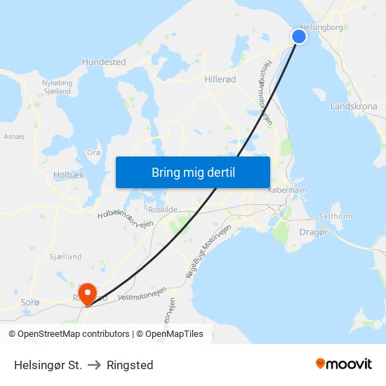 Helsingør St. to Ringsted map