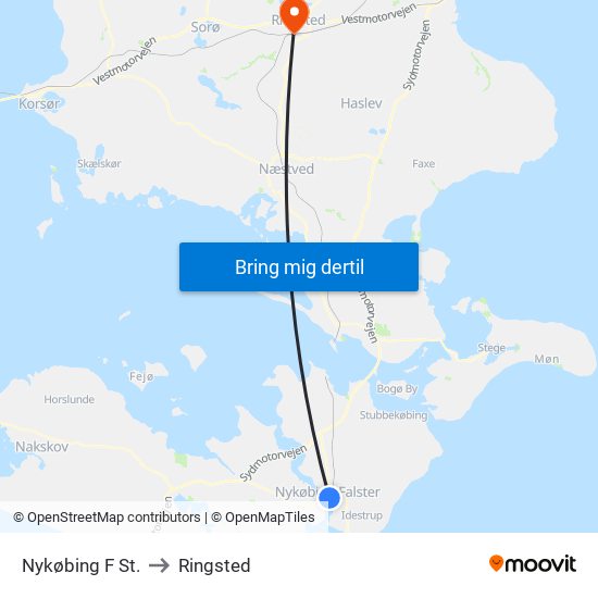 Nykøbing F St. to Ringsted map