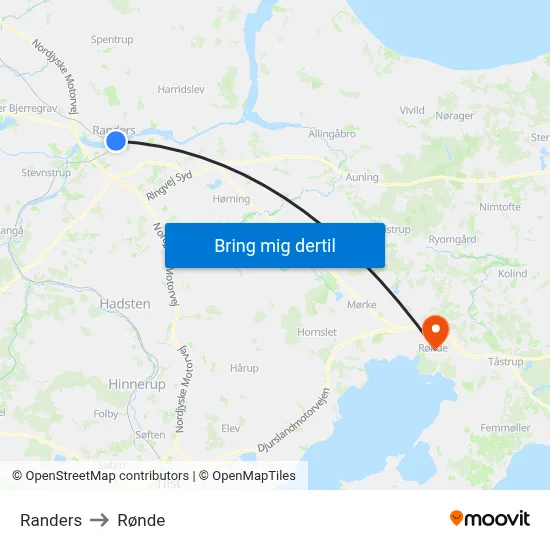 Randers to Rønde map