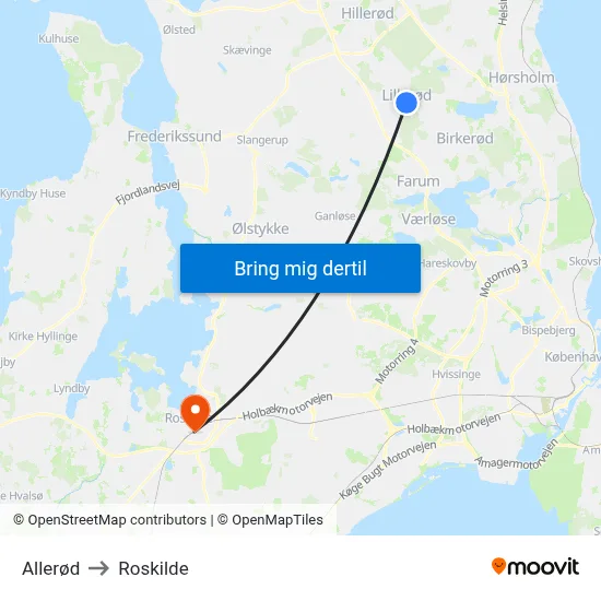 Allerød to Roskilde map
