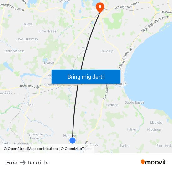 Faxe to Roskilde map