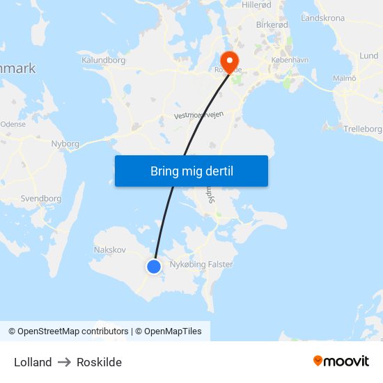 Lolland to Roskilde map