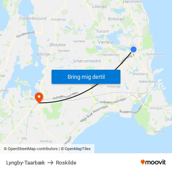 Lyngby-Taarbæk to Roskilde map