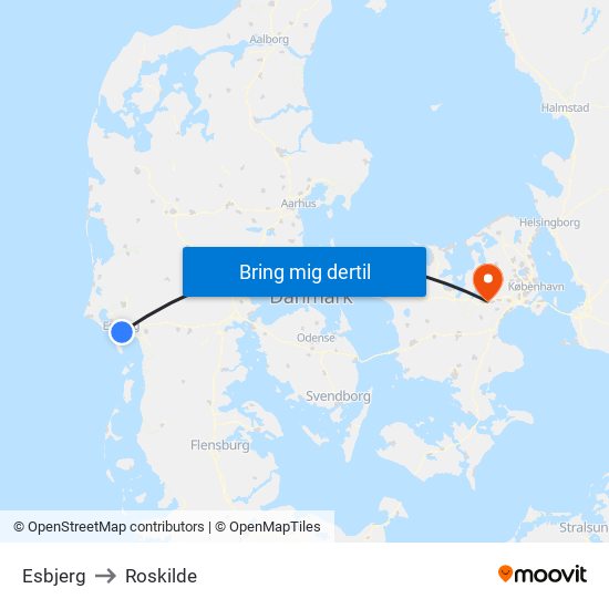 Esbjerg to Roskilde map