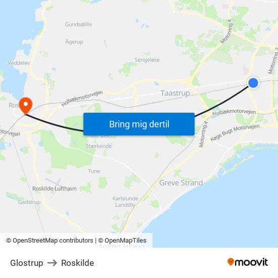Glostrup to Roskilde map