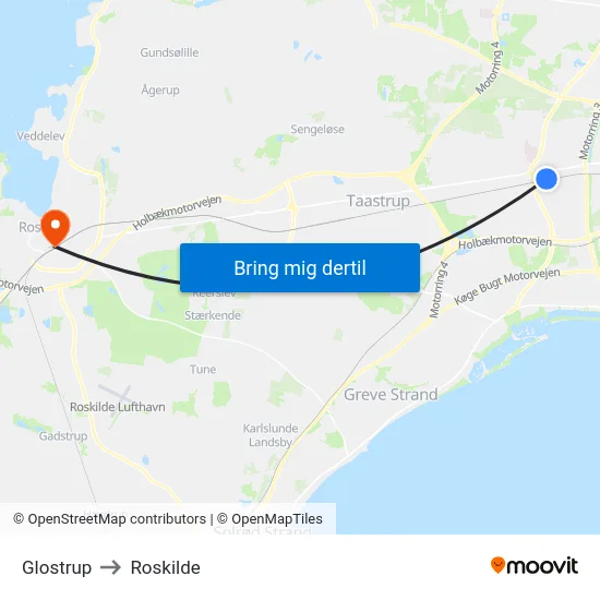 Glostrup to Roskilde map