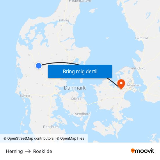 Herning to Roskilde map