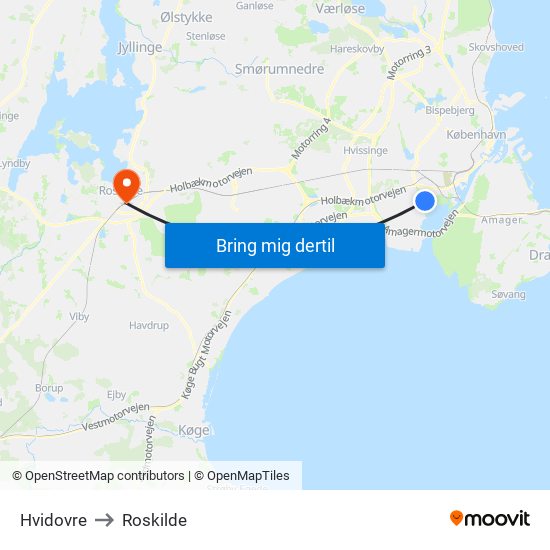 Hvidovre to Roskilde map