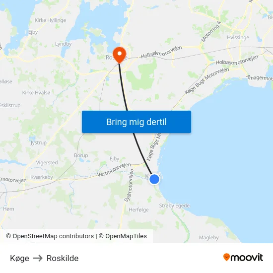 Køge to Roskilde map