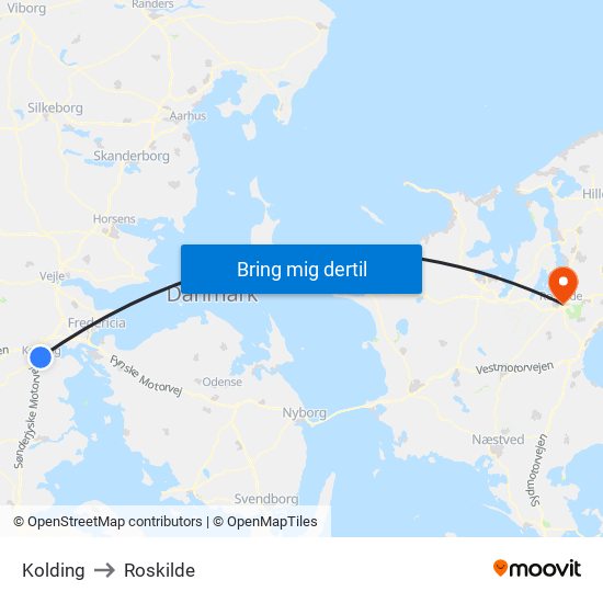 Kolding to Roskilde map