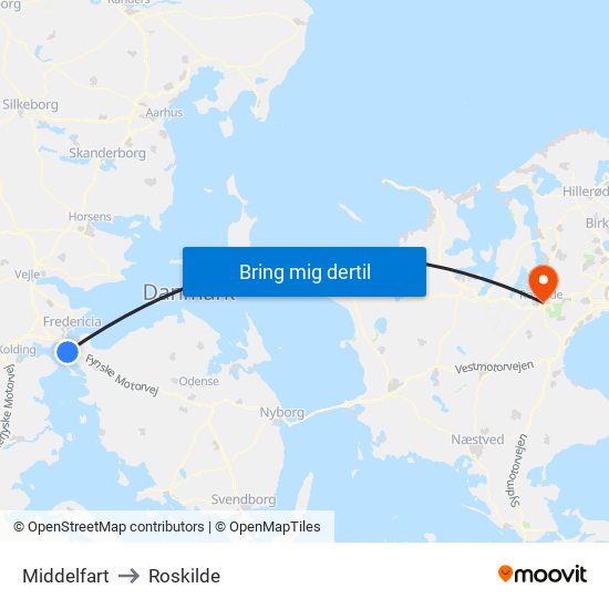 Middelfart to Roskilde map