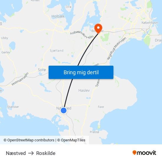 Næstved to Roskilde map