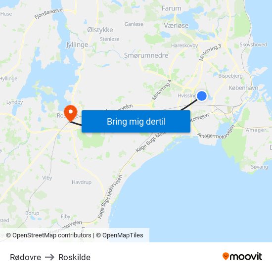 Rødovre to Roskilde map
