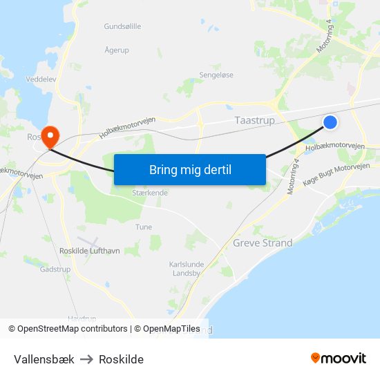 Vallensbæk to Roskilde map