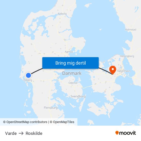 Varde to Roskilde map