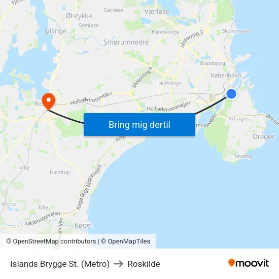 Islands Brygge St. (Metro) to Roskilde map
