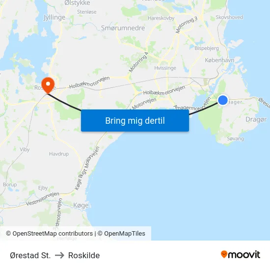 Ørestad St. to Roskilde map