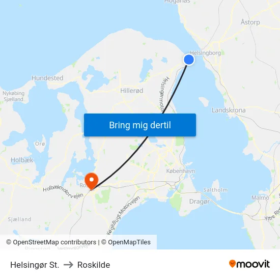 Helsingør St. to Roskilde map