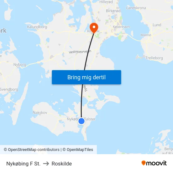 Nykøbing F St. to Roskilde map