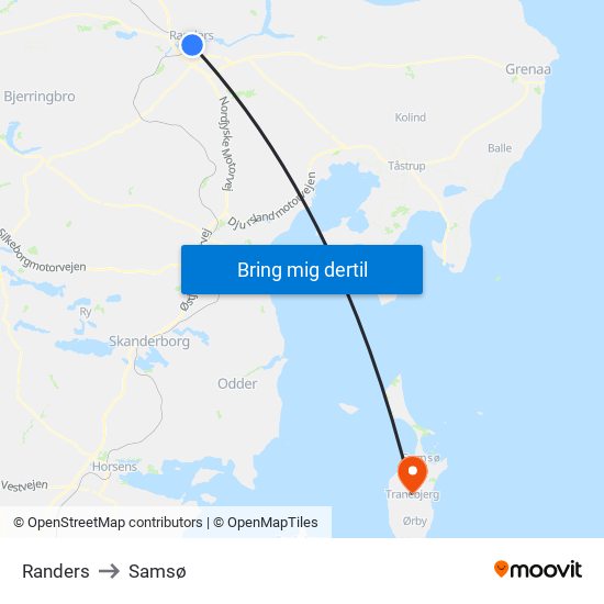 Randers to Samsø map