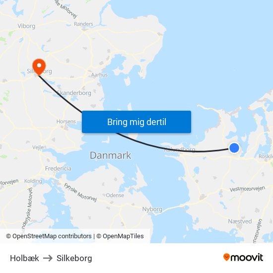 Holbæk to Silkeborg map