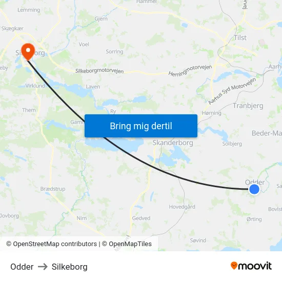 Odder to Silkeborg map